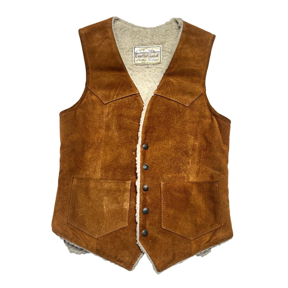 Vintage Deadstock Leatherland Shearling Vest 36 Brown Suede Sheepskin Made USA